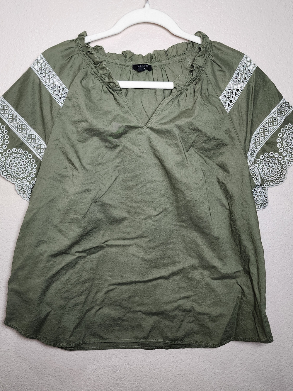 Talbots Olive Green Eyelet Sleeve Cotton Blouse